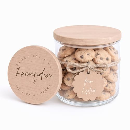 HerzHolzPapier® Vorratsglas „Glück Freundin“ mit Holzdeckel – Aufbewahrungsglas mit Gravur & Silikondichtung – Geschenkidee für Süßigkeiten, Kekse & Deko – 530 ml