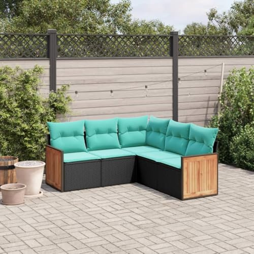 Hoopleep 5-teiliges Gartensofa-Set, schwarzes Polyrattan mit blauen Kissen, modulares Outdoor Lounge Möbel für Terrasse und Garten