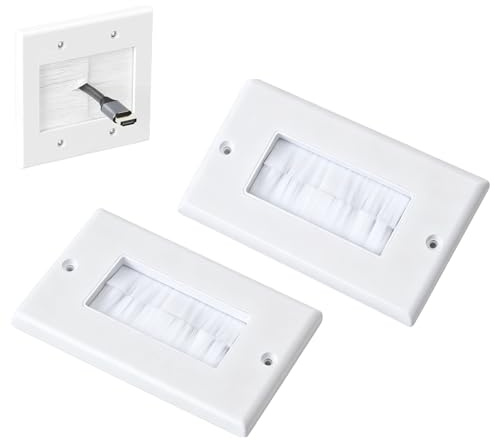 2Pcs White Brush Plate 2 Gang Twin Wall Outlet – Cable Entry Tidy Face Plate & Pass Through Insert for Wires – Finger Plates for Light Switches & Sockets – Acoustic Wall Panel Accessories