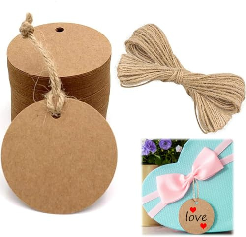 GNALIA 100 Stück Runde Geschenkanhänger Aus Kraftpapier, 4Cm, Hängeetiketten Mit 20M Juteschnur Für Handwerk, Hochzeit Weihnachten (Naturbraun)