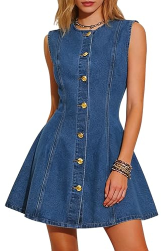 Fengbay Denim Dresses for Women UK Sleeveless Button Down Mini Jean Dress