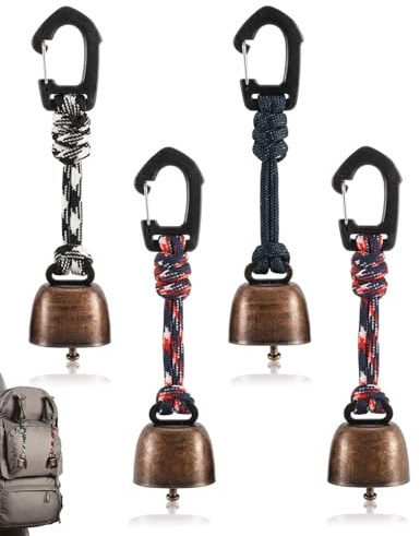 MenYiYDS 4 pezzi campanelli vintage in bronzo, anti-smarrimento, mini campane da appendere, per escursioni all'aperto, ciondoli per zaini, collane con animali