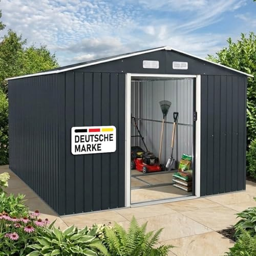 BRAST Gerätehaus Geräteschuppen Metall | TÜV geprüft | viele Größen | 163x89x180-278x323x192cm | Pultdach Satteldach | Gartenhaus mit Schiebetür | Anthrazit | wetterfest wasserdicht | 278x259x192cm