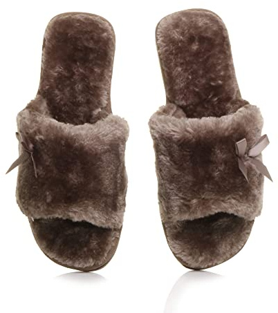 AJVANI Womens ladies flat peep toe bow cosy faux sheepskin fur slip on slippers size
