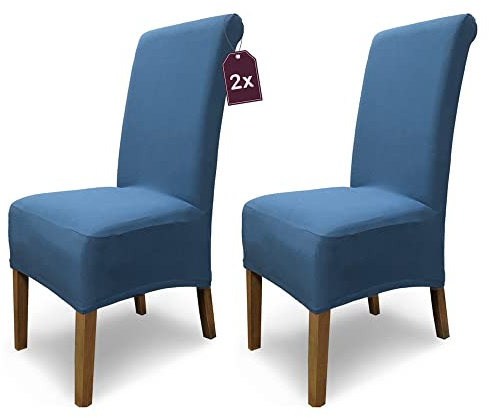 Scheffler Home Stuhlhussen Emma Cottina Blau 2er Set – Elastische waschbare Stuhlbezüge aus Baumwolle – Stuhlabdeckungen für Hochlehner Esszimmerstühle – Öko-Tex Zertifiziert