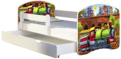 Kinderbett Jugendbett mit einer Schublade und Matratze Weiß ACMA II 140 160 180 40 Design (140x70 cm + Bettkasten, 44 Lokomotive)
