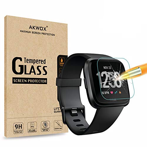 AKWOX [4 Unidades] Protector de Pantalla para Fitbit Versa, [9H Dureza] Cristal Vidrio Templado para Fitbit Versa Cristal Templado