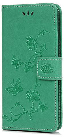 Samsung Galaxy A6 Phone Case 2018, PU Leather Flip Notebook Wallet Case Embossed Lotus Butterfly with Stand Card Holder ID Slot Folio TPU Bumper Protective Skin Cover for Samsung Galaxy A6 Green