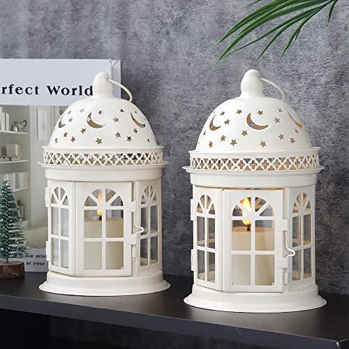 JHY DESIGN Set di 2 Lanterne Decorative Alta 21 cm Lanterna da Appendere Stile Vintage Portacandele in Metallo per Eventi Parità e Matrimoni all'aperto al Coperto (Bianco)