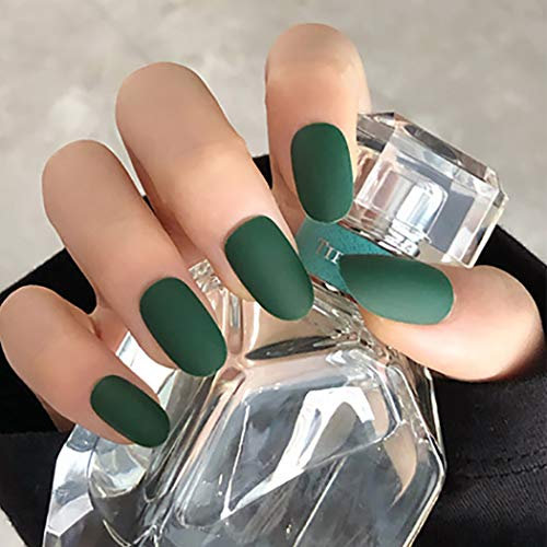 Fairvir Lot de 24 faux ongles ovales à clipser pour femme et fille Vert mat