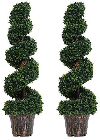 Outsunny Set of 2 Artificial Boxwood Spiral Topiary Trees Potted Decorative Plant Indoor Décor 120cm