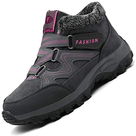 Unitysow Chaussures D'hiver Hommes Femme Bottes de Neige Fourrure Doublé Chaud Bottines Bottes D'hiver Antidérapantes Outdoor Bottine de Randonnée Chaussure de Marche Baskets,Gris/Rose Rouge,39