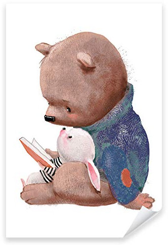 Postereck - 3640 - Süßer Hase & Bär kuscheln Poster Kinderzimmer | Hase & Bär kuscheln beim lesen | Kinderzimmer Deko | Hasen Kinderbild Wandposter - Poster - 3:2-91,0 cm x 61,0 cm