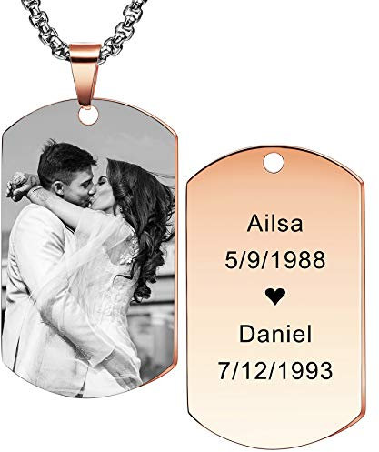 MeMeDIY Personalisierte Hundemarke Anhänger Halskette Gravur Text/Fotos Männer Frauen Memorial Edelstahl Schmuck. Bündel mit verstellbarer Kette, Schlüsselbund, Schalldämpfer (Roségold Farbe)
