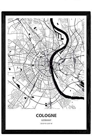 Nacnic Poster mit Karte Köln - Deutschland. Blätter von Städte in Deutschland mit Meeren und Flüssen in schwarz und weiß. A3