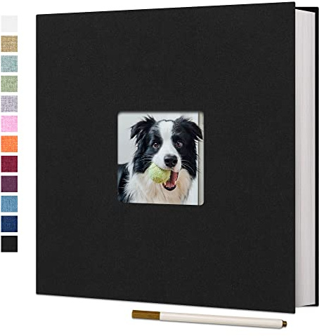 Vienrose Photo Album Self Adhesive Book with Window 60 Pages 33x32cm Black | Linen Cover, Scrapbook Album, 4X6 8X10 Photos, Metallic Pen, Wedding Baby Travel