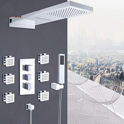 Wieoc Ensemble de robinets de douche thermostatiques Ensemble de douche à cascade de pluie chromée 6pcs Jets de spa Mitigeur thermostatique à 4 voies Kit de douche de bain
