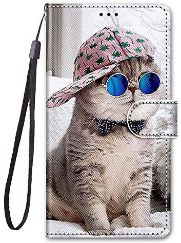 Nodigo für Oppo A16 4G / A16S Leder Hülle Magnetisch Kickstand mit Kartenfach 360 Grad Tier Muster Motiv Lustig Design Silikon Hüllen Handyhülle Wallet Tasche Case Mädchen Damen - Katze