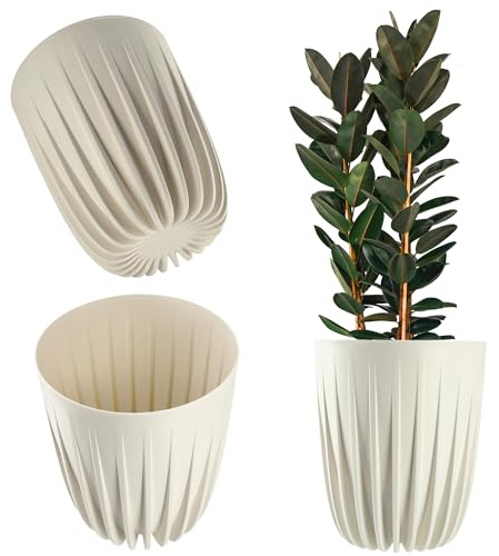 KADAX Blumentopf aus Kunststoff, Moderne Pflanztöpfe, Pflanzentopf mit geometrischem Muster, runder Blumenkübel mit Einsatz, Outdoor Naturblumentopf, Hochübertopf (∅ 14,5 cm, Creme)