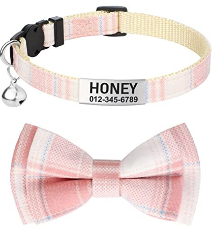 TagME Katzen halsbänder mit Namen und Telefonnummer Auf, Kätzchenhalsband mit Sicherheits Verschluss und Glöckchen, Plaid Baby Pink