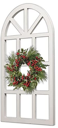 Sintosin Marco de ventana de granja para decoración de pared, sala de estar, 36 x 20 pulgadas, marco de ventana arqueado rústico blanco envejecido para Navidad, marcos de ventana de catedral de madera