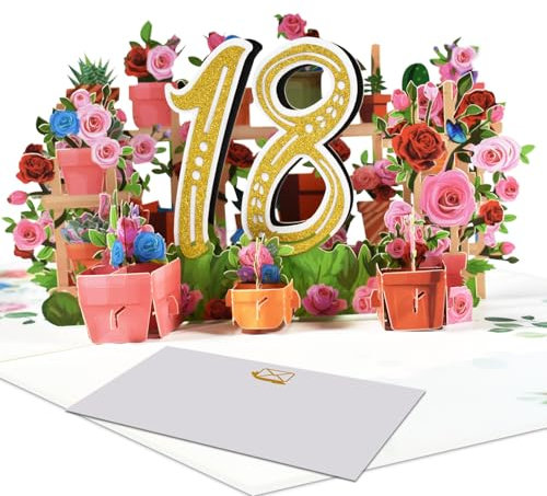 3D Pop-Up Karte 18. Geburtstag oder 18. Hochzeitstag – Elegante Blumenkarte für Jubiläum, Hochzeit, Geburtstagsfeier, für Partner, Freunde, Eltern, Großeltern – Pop-Up Karte für 18 Jahre