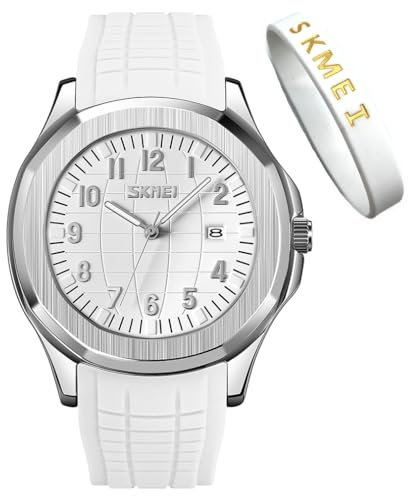 SKMEI Orologio da uomo in silicone, facile da leggere, impermeabile, sportivo, casual, alla moda, analogico, al quarzo, luminoso, regalo per padri, nero, G9286bianco, Moda