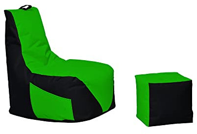 Momiralland Gaming Sitzsack - mit Lehne Sitzkissen - Beanbag - BodenKissen Sessel In- & Outdoor geeignet - Gaming mit PC Xbox & Playstation (Schwarz - Grün, Sitzsack + Hocker)