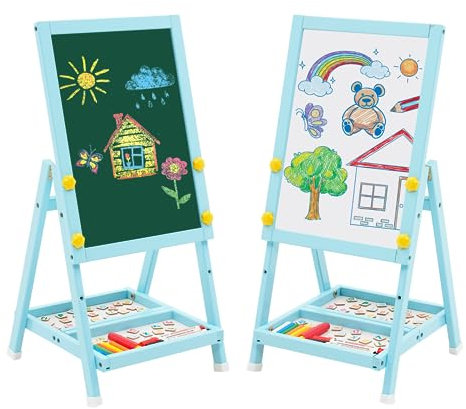 Pizarra de Madera para Niños, Art Kids Easel Caballete de Arte Mini Azul Pizarra Blanca de Doble Cara y Pizarra de Tiza Caballete Infantil con Números y Otros Accesorios para Niños y Pequeños
