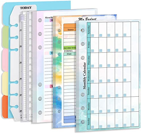 Prefdo - Set di ricarica per pianificatore di bilancio A6, 82 fogli con inserti per calendario settimanale, 6 fori, con tasca per raccoglitore, divisore di carta, righello, linguette per indice (set