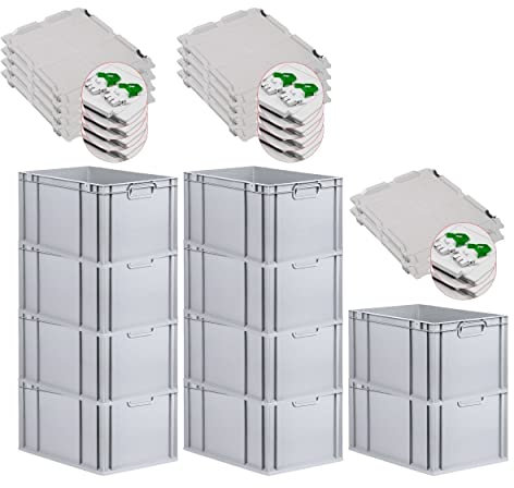 PROREGAL SuperSparSet 10x Eurobox NextGen Grip mit Scharnierdeckel und grünen Schiebeschnappverschlüssen, HxBxT 32x40x60cm, 65 L, Grau, Griffe geschlossen, Eurobehälter, Transportbox