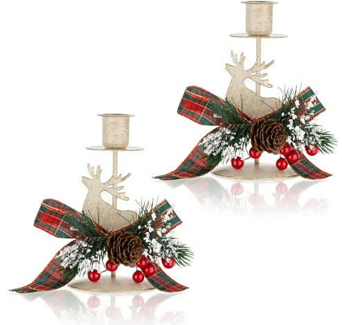 Romadedi Hirsch Kerzenständer Weihnachten Deko - 2er Set Vintage Rentier Kerzenhalter für Tischdeko Dekoration Adventskranz Landhausstil Tisch Weihnachtsdeko Weihnachts Geschenk Herbst, Weiß