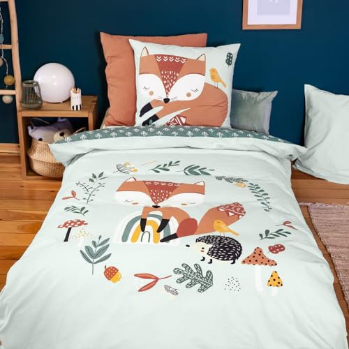 CÔTE DECO Bettwäsche für Kinder, wendbar, 140 x 200 cm, Bettbezug 140 x 200 cm + 1 Kissenbezug 63 x 63 cm, Motiv Fuchs, Grün, Bettbezug aus 100% Baumwolle
