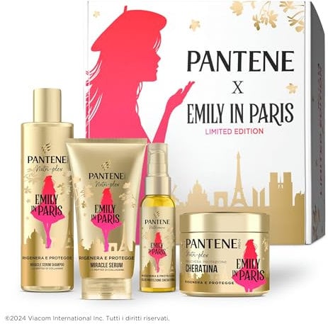 Pantene X Emily in Paris Shampoo, Balsamo, Maschera E Olio Capelli Kit Regalo Protezione Cheratina Per Capelli Secchi E Danneggiati: Shampoo 250ml, Balsamo 150 ml, Maschera 300ml, Olio Capelli 100m