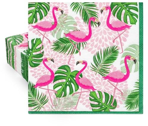 JarThenaAMCS Papierservietten, Motiv: tropischer Flamingo, Monstera-Blätter, Motiv: tropische Flamingo, Monstera-Blätter, Hawaii, dekorative Servietten, Partyzubehör, Tischdekoration, 80 Stück