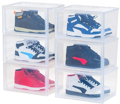 IRIS USA Stapelbare Schuhbox mit aufklappbarer Tür, Stabiler Schuh-Organizer mit seitlichem Display für High-Top-Sneaker, Schrank unter dem Bett und Eingangsbereich, transparent, 6 Stück