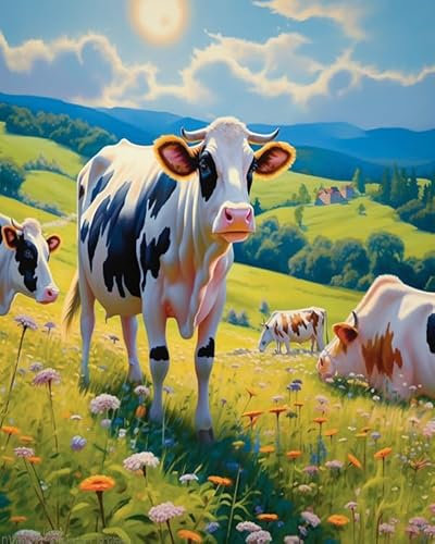 Paint by Numbers for Adults，Kühe grasen auf der Wiese,Easy DIY Paint Art & Craft Set,40x50cm ohne Rahmen