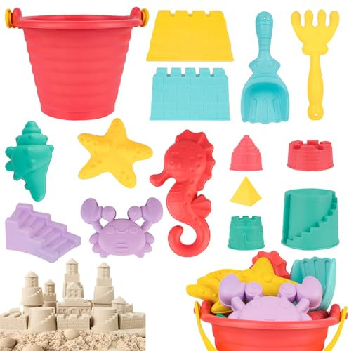 Juguete de playa para niños – Juguete de arena para niños incluye cubo de playa, forma de arena, pala de arena, rastrillo, tamiz de arena, castillo de arena, juguete para niños y niñas para bebés a