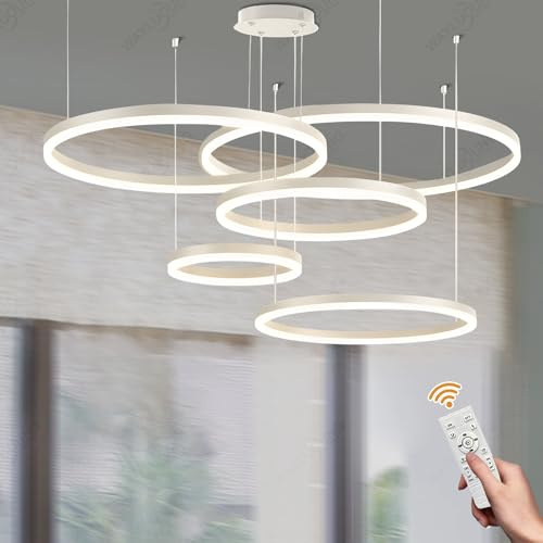 WayLuoung Metall LED Kronleuchter | 5 Kreise 20+40+60+80+100cm | 130W Rings Deckenhängelampe, Dimmbare Fernbedienung 3000–6000K, Acryl Schirm Pendelleuchte, Wohnzimmer Schlafzimmer Esszimmer【Weiß】