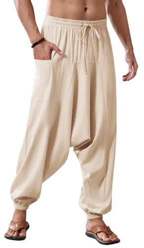 Runcati Herren Baumwolle Haremshosen Baggy Hippie Casual Leinen Yoga Hose Strand Tief Schritt Trouser Khaki L