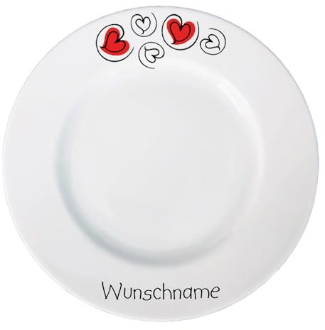 Teller Müslischale Tasse Frühstücksservice mit Name bedruckt - Serie Herz - Geschirr mit Wunschnamen selbst gestalten - individuell personalisiert - hochwertiges Porzellan (Frühstücksteller Rund)