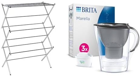 Amazon Basics Foldable Concertina Indoor Clothes Airer - Chrome & BRITA Marella Water Filter Jug Starter Pack - Graphite (2.4L) incl. 3x MAXTRA PRO All-in-1 cartridge