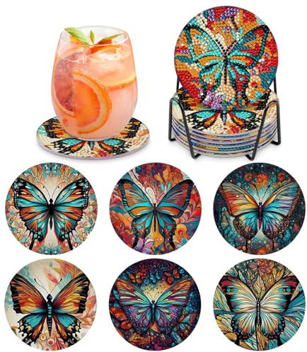 MOGTAA 6 Pcs Butterfly Diamond Painting Coasters Kit With Holder, 5D Art Coasters for Adults Kids Beginners, DIY Coaster Sets Animal Gem Painting for Home Decor