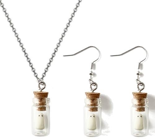 Ghost in A Bottle Pendant Necklace Earrings Set, Luminous Ghost Necklace Earring, The Adopt A Ghost Necklace Earrings, Tiny Ghost in A Bottle Pendant Necklace Earrings Set, Halloween Decorative Gifts