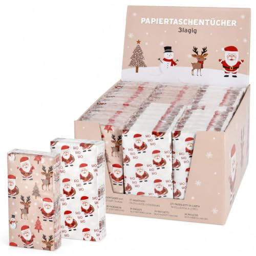 MIJOMA Papiertaschentücher Set Ho Ho Ho - 3-lagig - 36 Packungen – Weiß bedruckt – Mitbringsel zu Weihnachten, Wichtelgeschenk, Genesungswunsch, praktisch und weich
