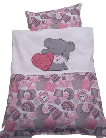 Puppenbettwäsche mit Teddy Stickerei, Decke 36 h x 34 b, Kissen 16h x 25 b für Puppenwagen- bett oder Tragekorb