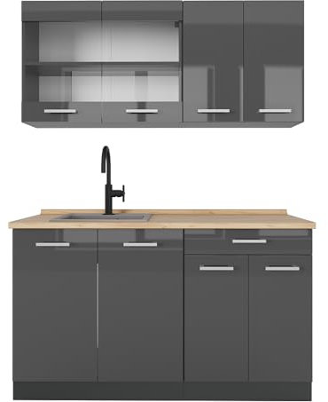 Vicco Singleküche R-Line, Anthrazit Hochglanz/Anthrazit, 140 cm ohne Arbeitsplatte