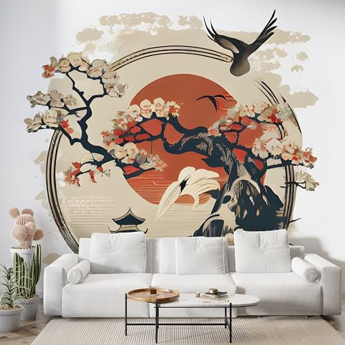 Japanese Crane Tower Wall Mural, Self Adhesive Wallpaper Peel and Stick, Cherry Blossom Flower Home Decor Photo Wallpaper, Silk Cloth Mural for Living Room & Bedroom, 150x100 cm - S-780