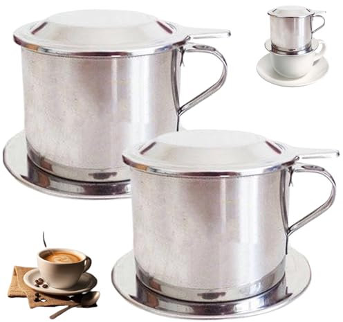 Vietnamesischer Kaffee Tropfer, 2 Sets Edelstahl -Kaffee -Tropfer mit Filter, Deckel und Tablett, vietnamesische langsame Tropfhersteller mit Griff