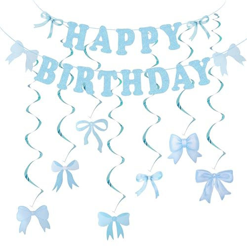 Bandera de Feliz Cumpleaños con Lazo, Decoración Azul para Fiestas de Cumpleaños, Lazo con Remolinos Colgantes para Fiestas de Cumpleaños de Mujeres y Niñas, Baby Shower